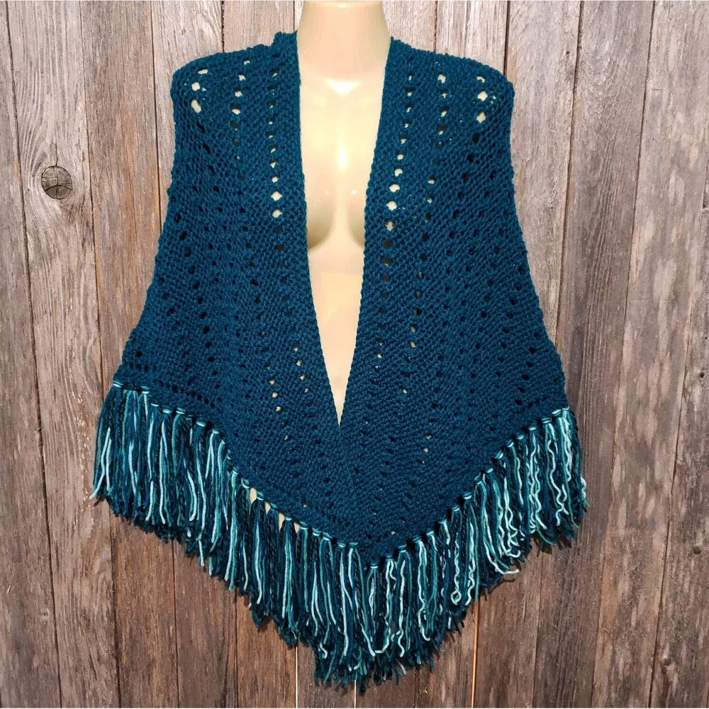 NEW Teal Blue Hand Knitted‎ Shawl Wrap Boho Hippie Fringe Coastal Cottage Indie